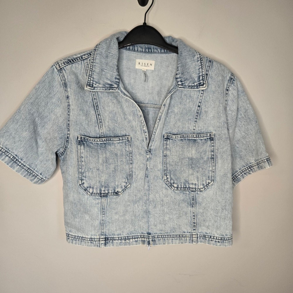 Risen Los Angeles Light Wash Denim Zip Front Crop Top XL Short Sleeve Pockets
